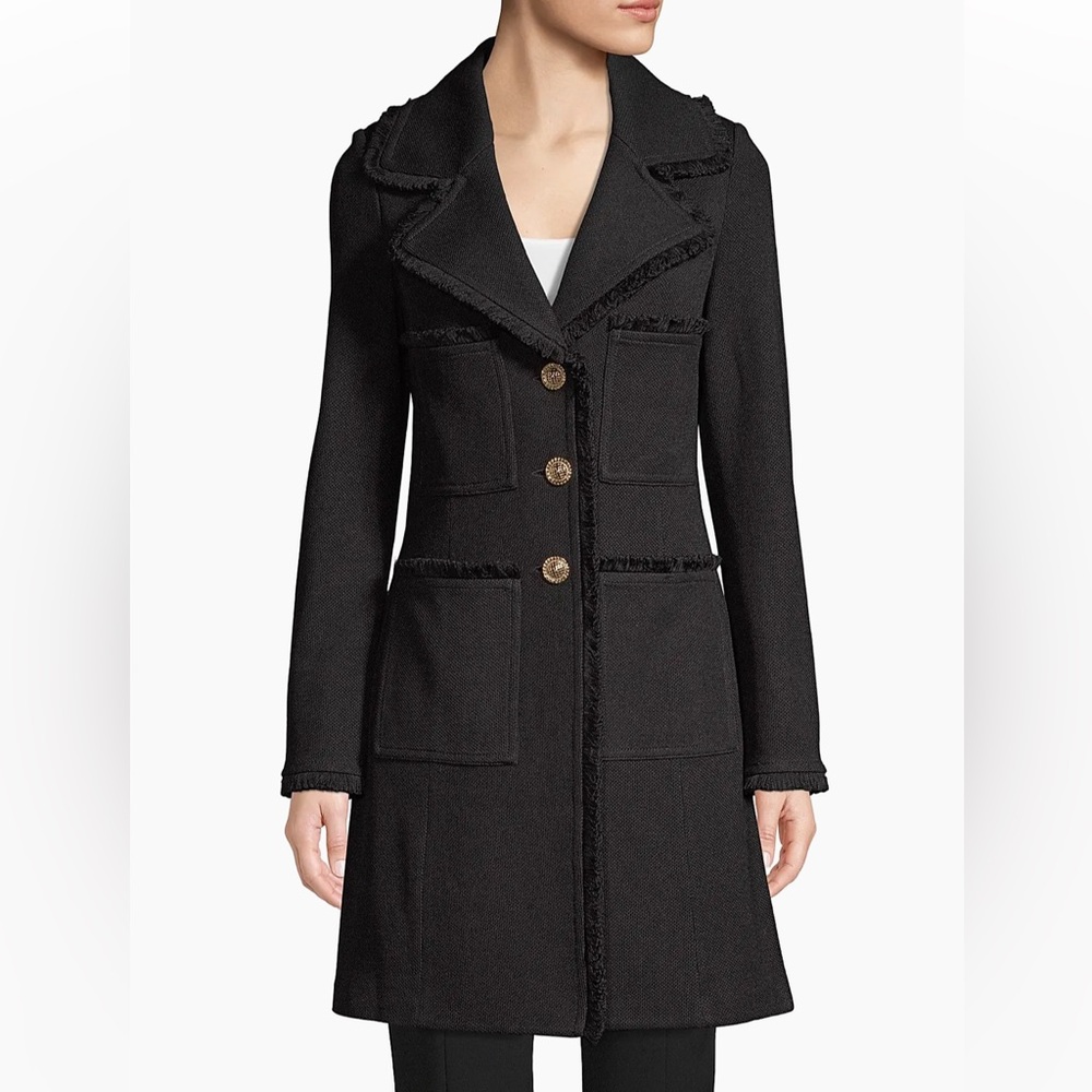 St. John Black Long Wool Blend Fringe-Trim Coat